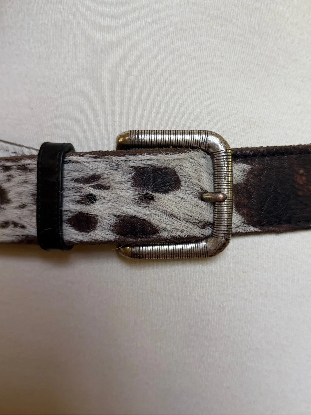 Cowhide Print Leather Belt - Brown/White